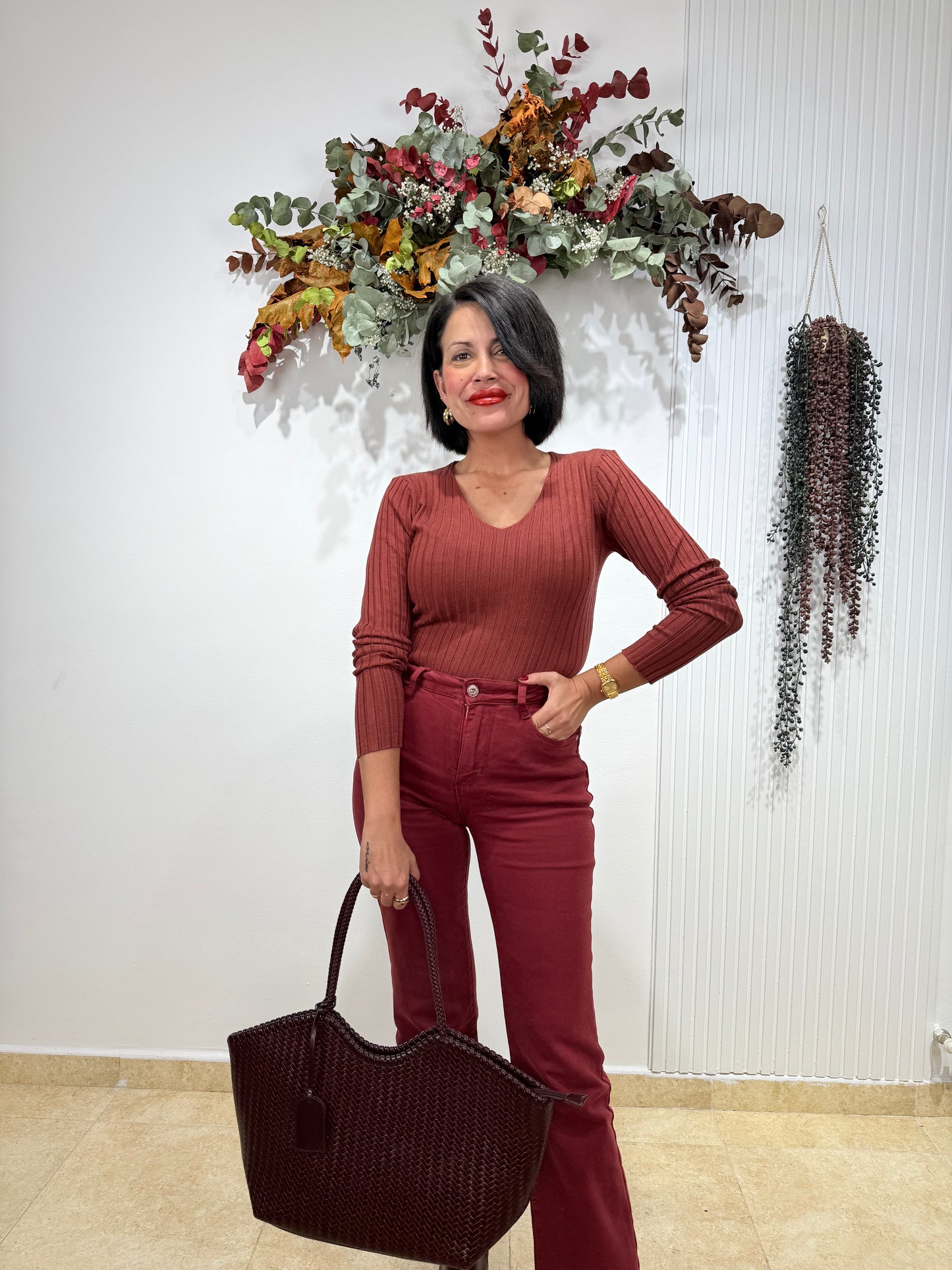 Jeans faja reductora burdeos