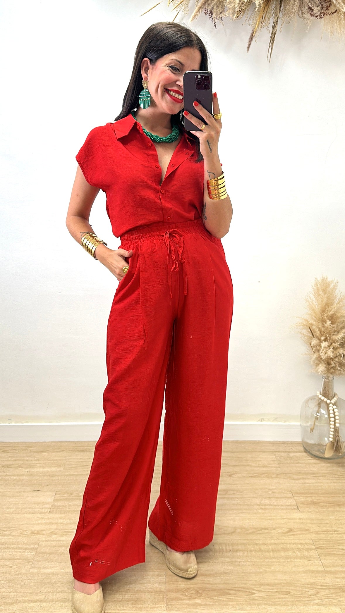 Pantalón de lino rojo S