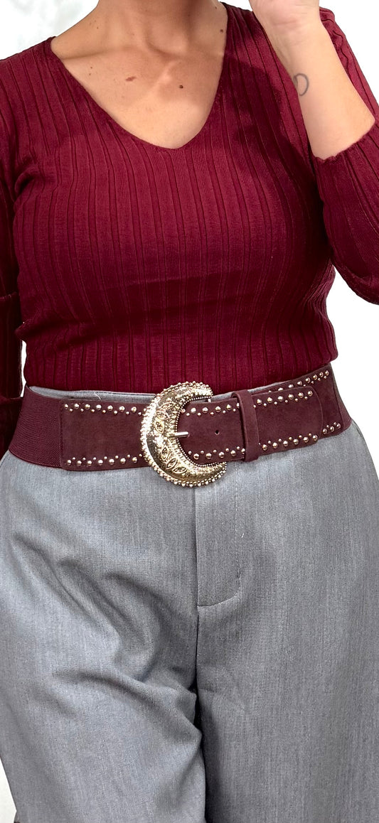 Cinturón elástico ancho burdeos tachas