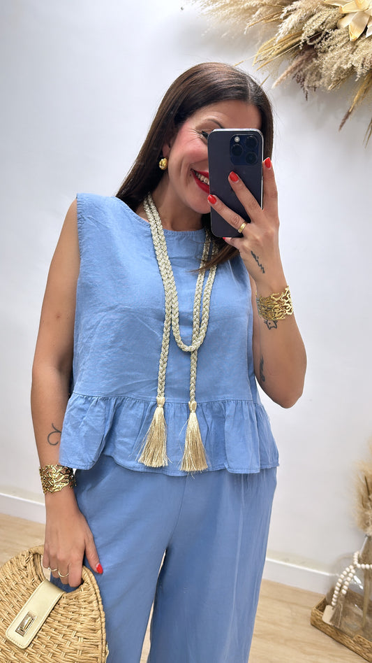 Top volante azul vaquero