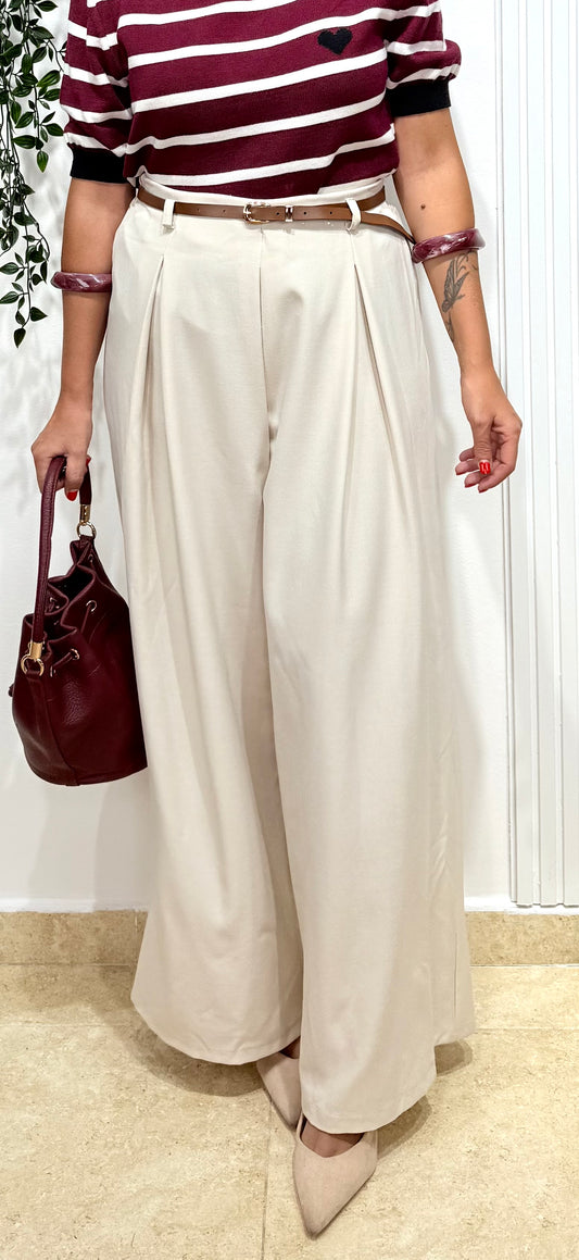 Pantalón pinzas pata elefante beige