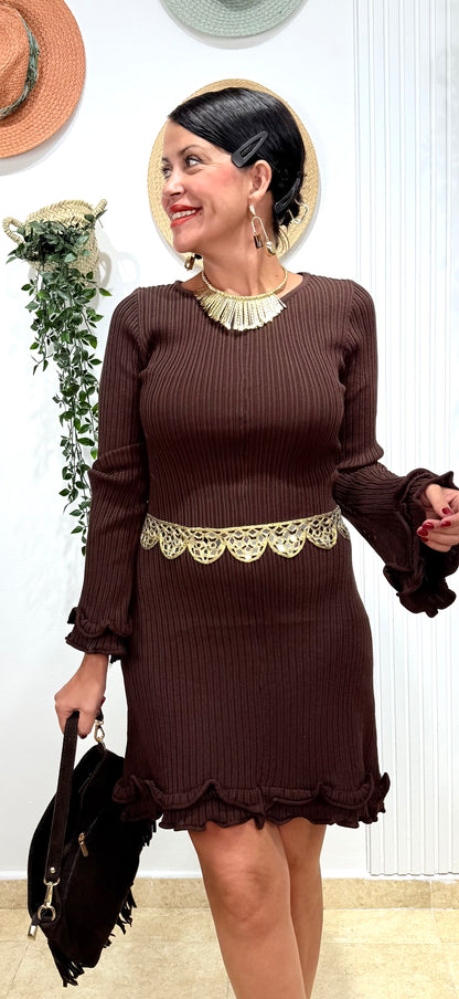 Vestido canalé volantes chocolate