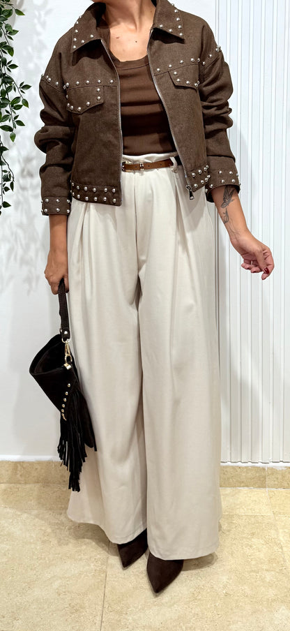 Pantalón pinzas pata elefante beige