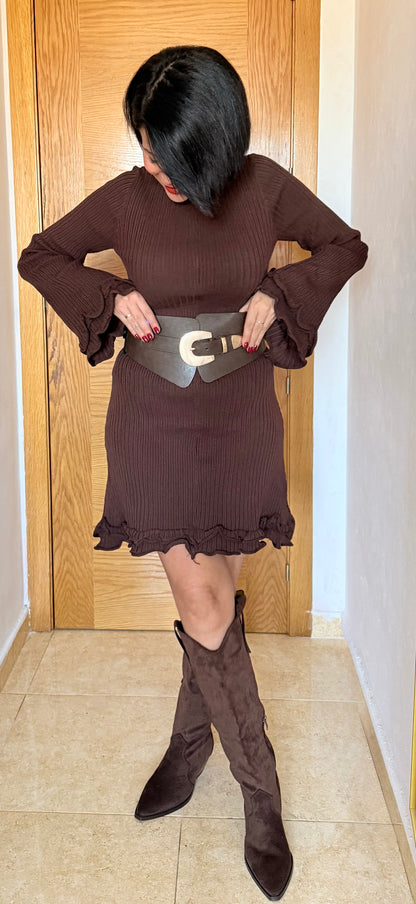 Vestido canalé volantes chocolate