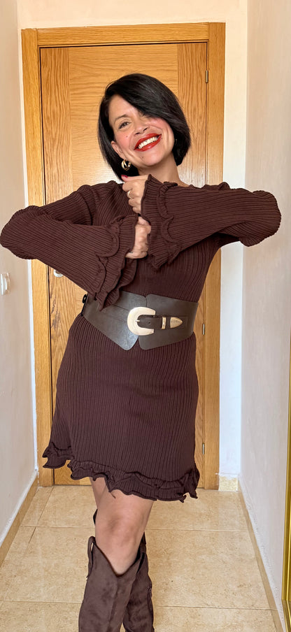 Vestido canalé volantes chocolate