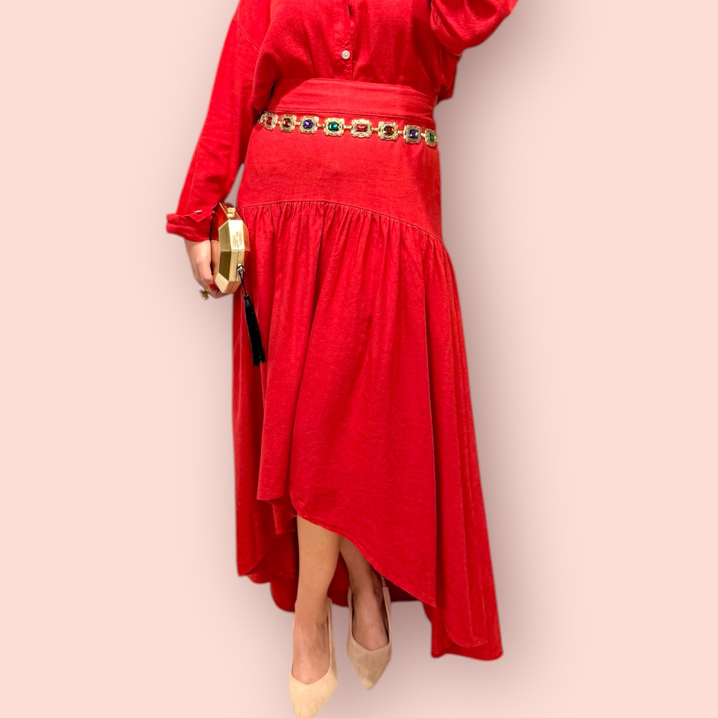 Falda lino desigual roja
