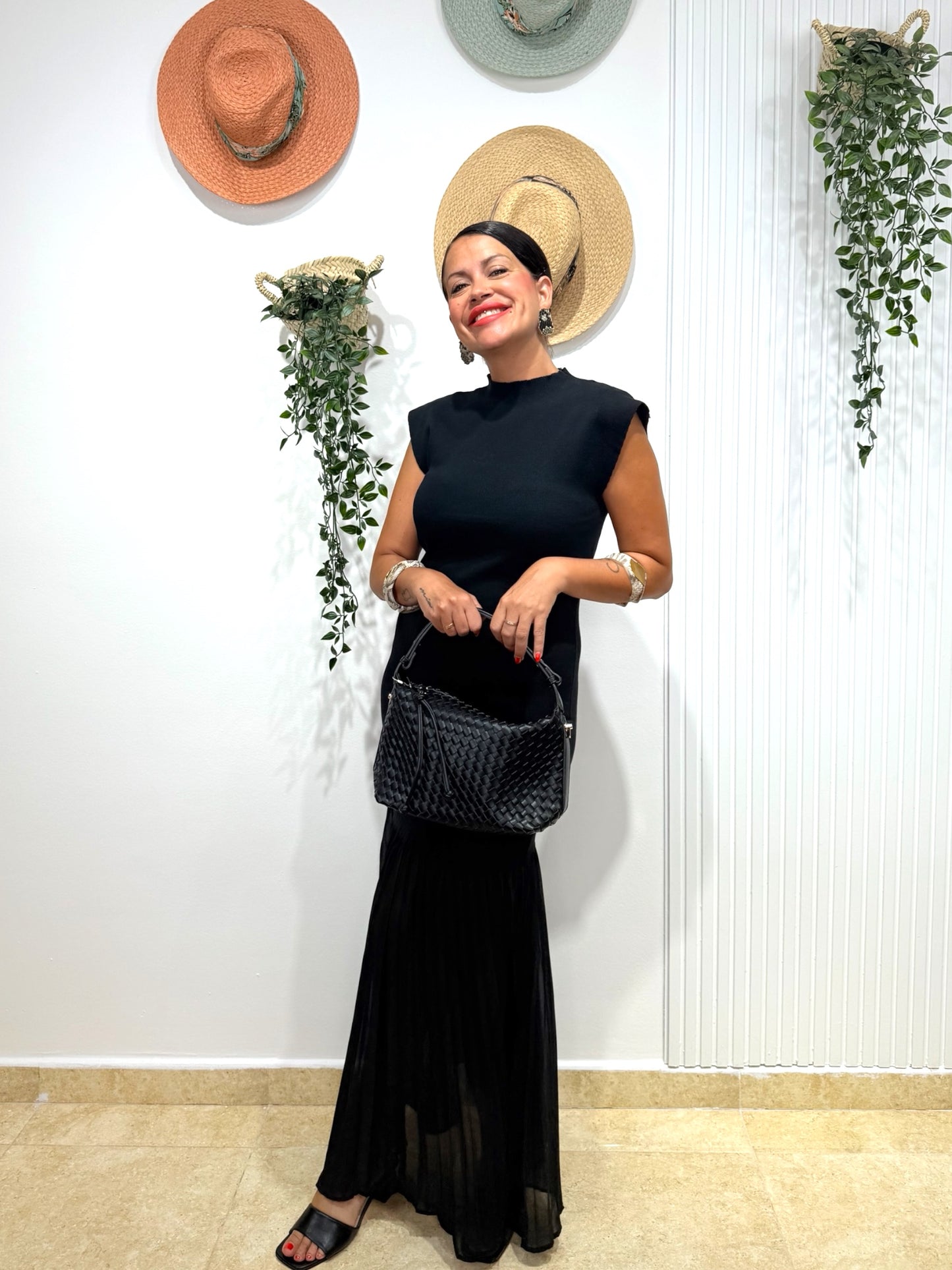 Vestido combi plisado negro