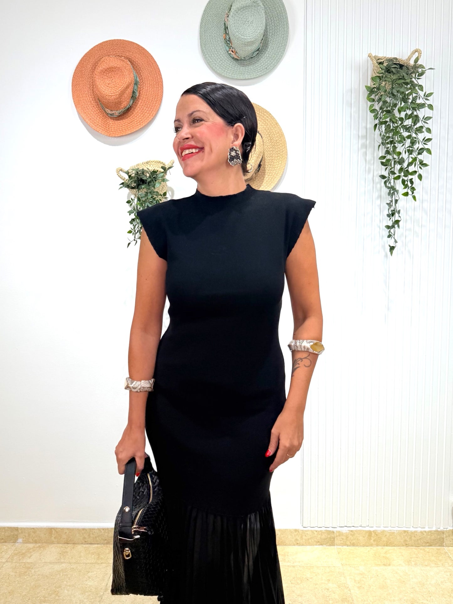 Vestido combi plisado negro