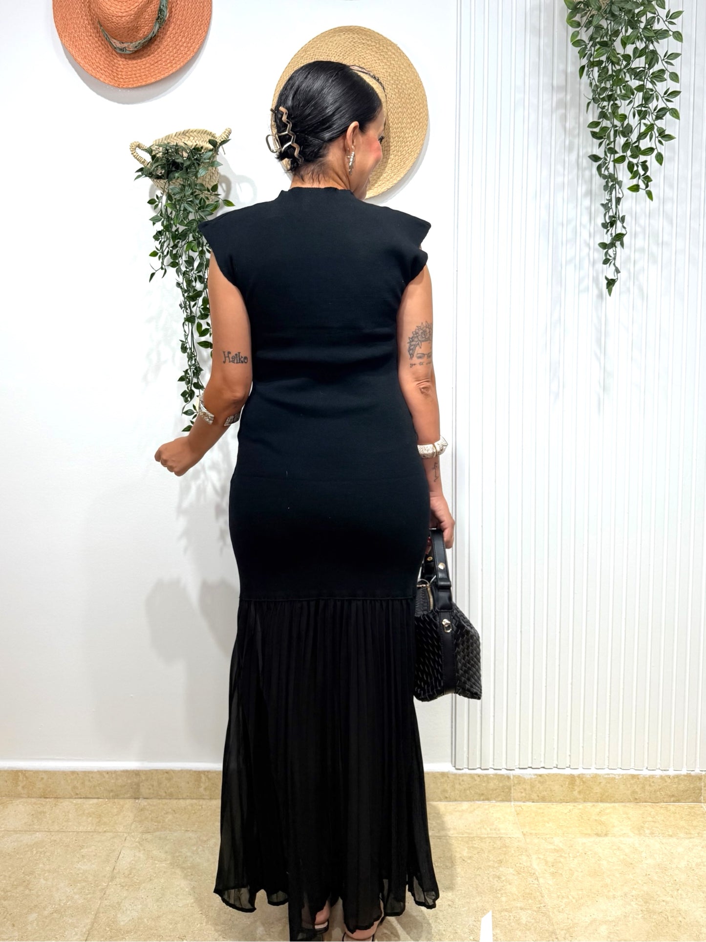 Vestido combi plisado negro