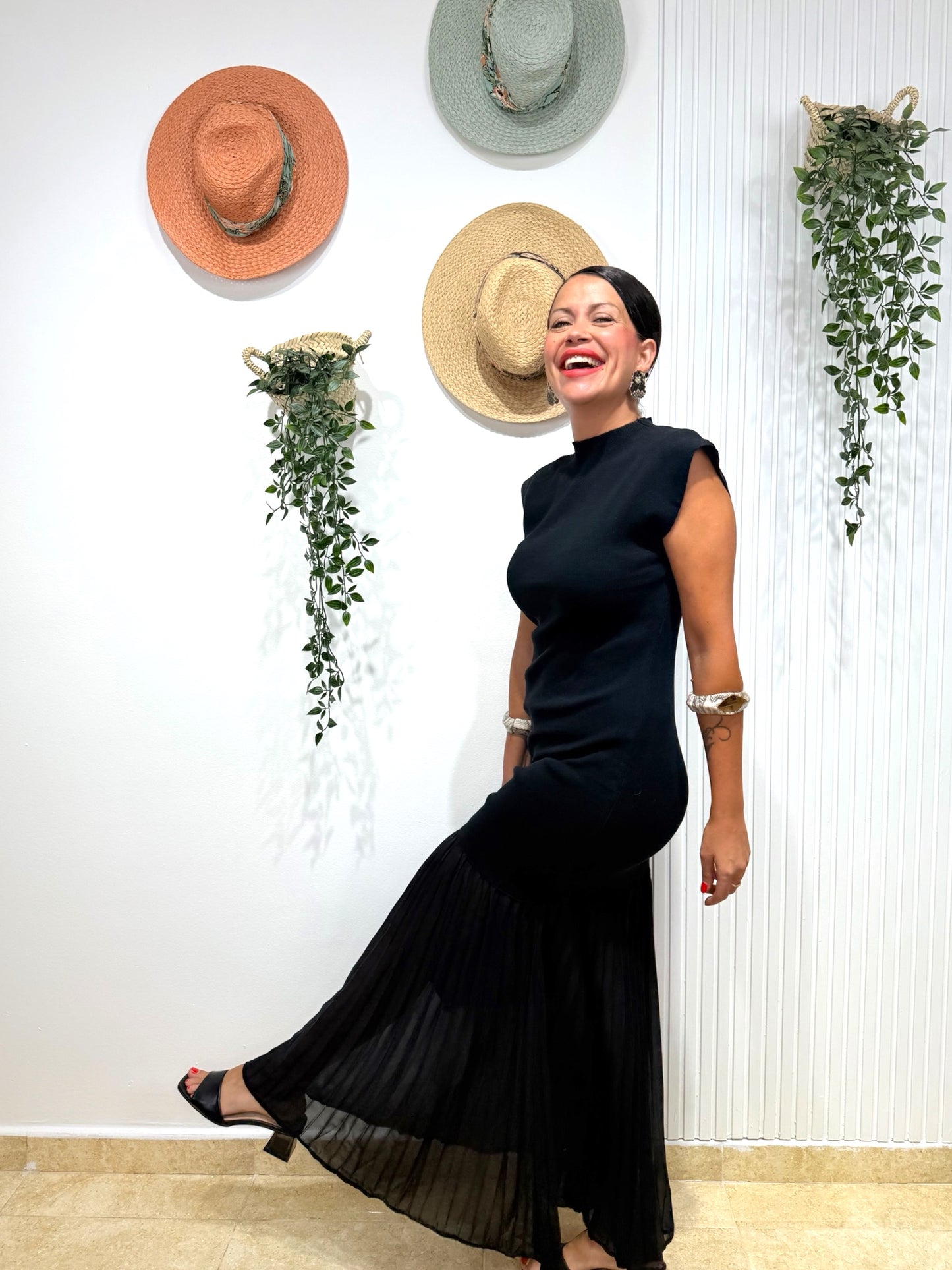 Vestido combi plisado negro